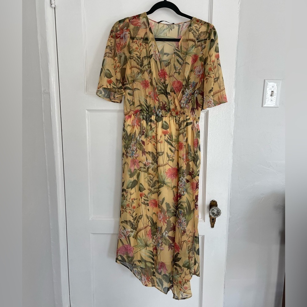Floral Yellow Wrap Midi Dress